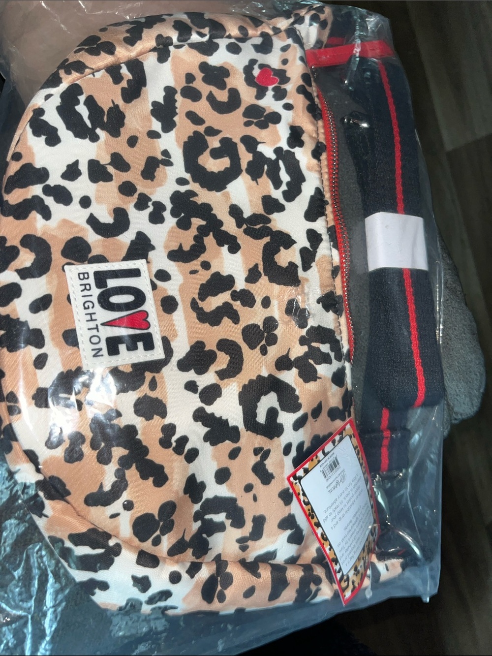 Brighton Leopard Print Crossbody Bag in Tan Black White with Red Accent